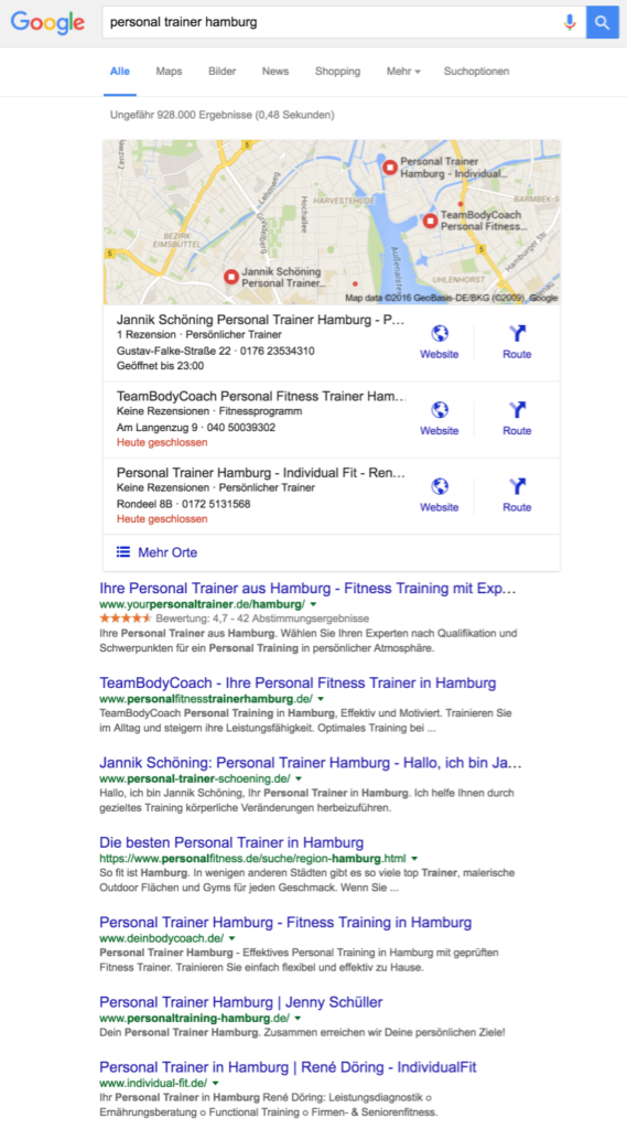 Die individualisierten Suchergebnisse für "Personal Trainer Hamburg"